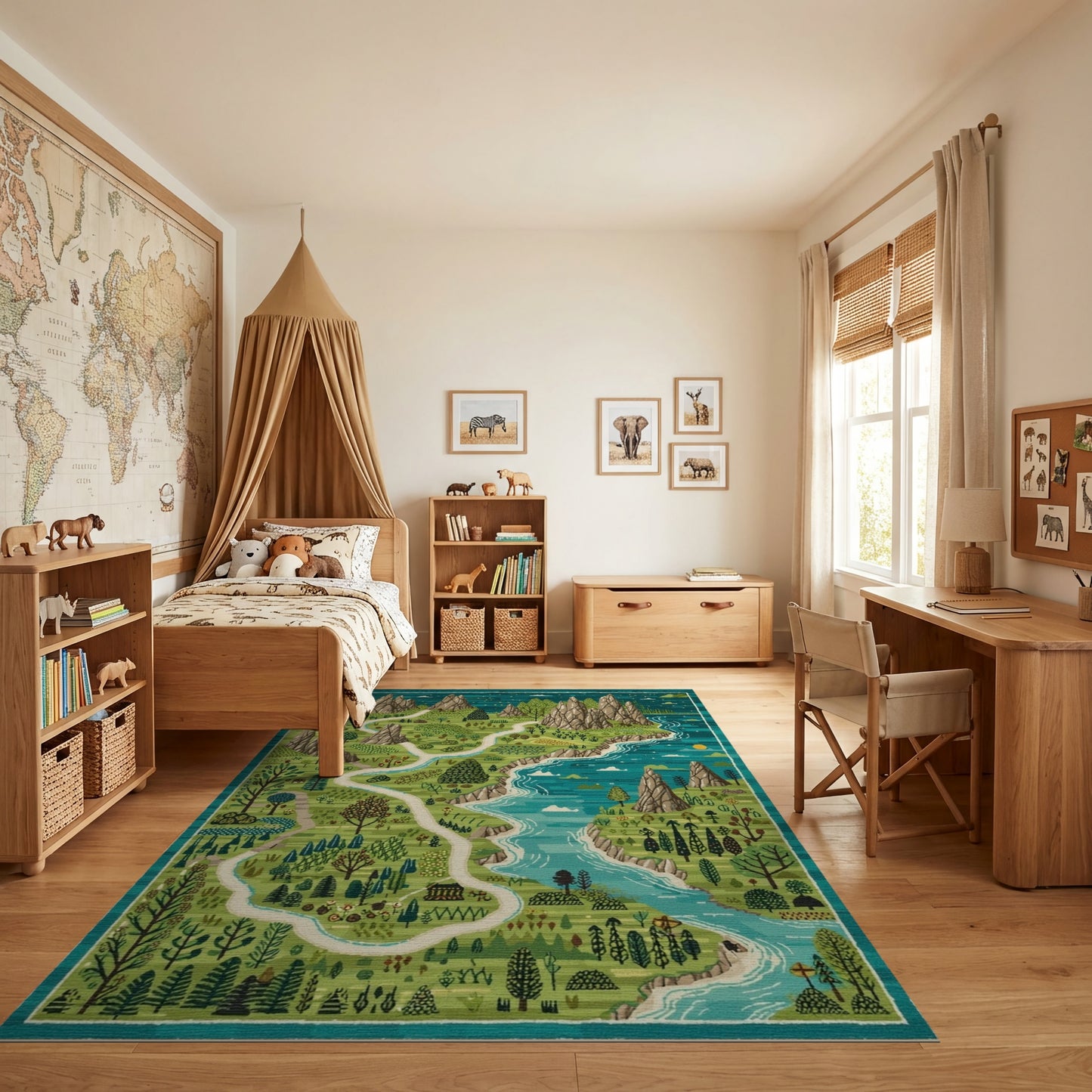 Whimsical Teal Mountain River Forest Path Rug