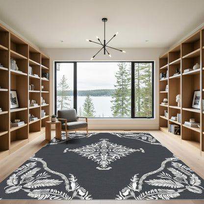 Ornate White Floral Vine Mandala Rug