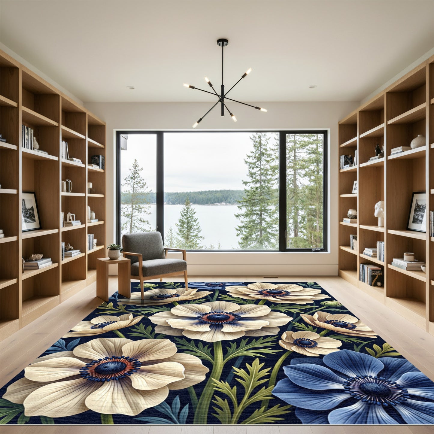Elegant Cream Anemone Floral Navy Backdrop Rug