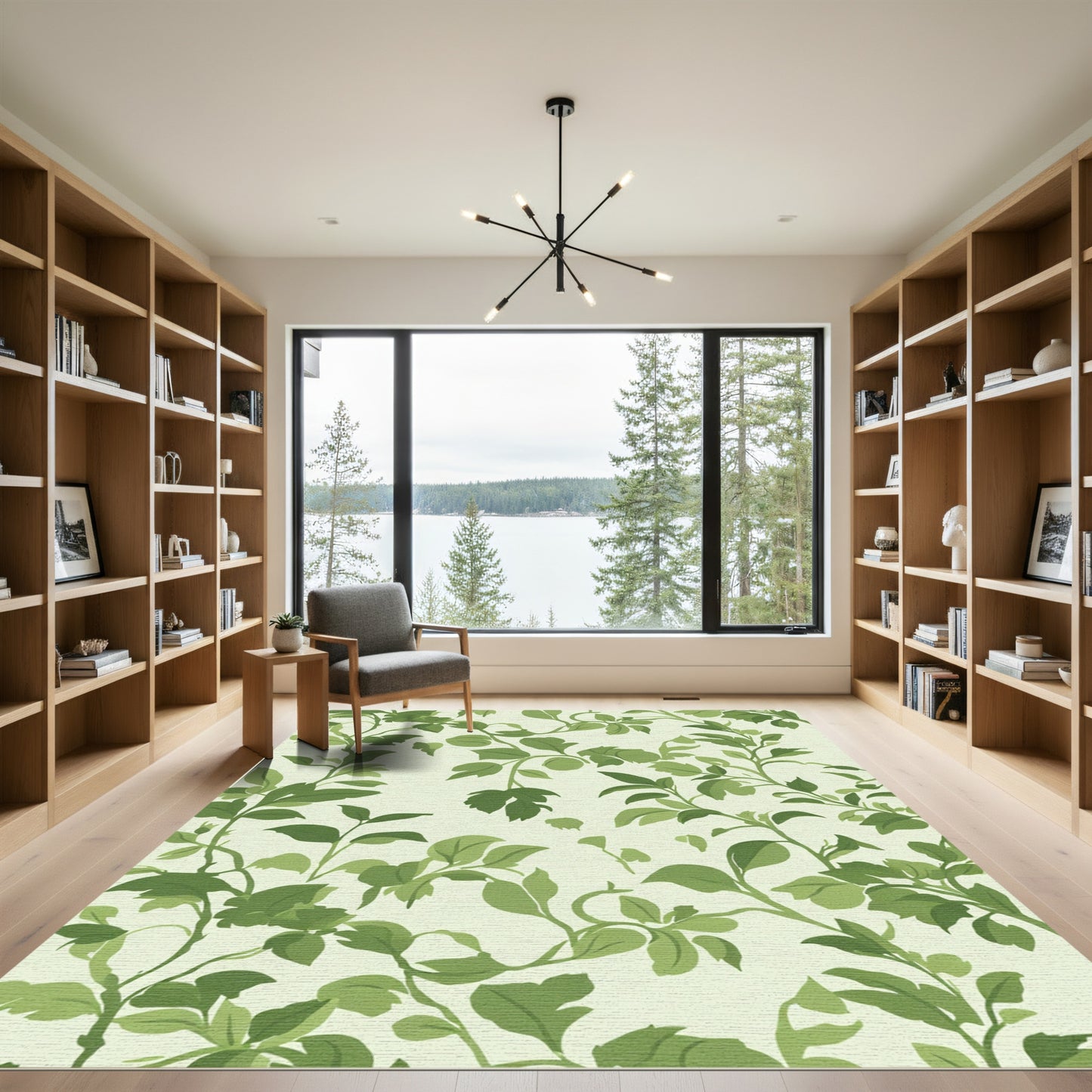 Verdant Green Leafy Vine Scroll Rug