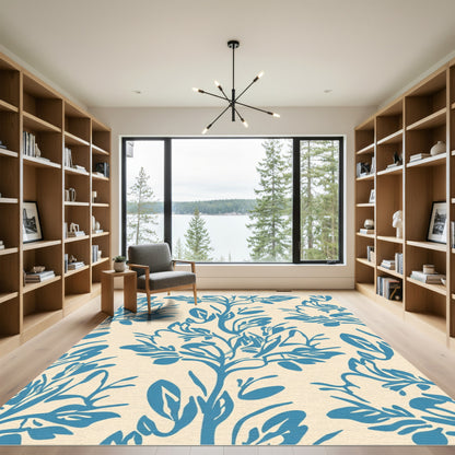 Cerulean Blue Floral Branch Pattern Rug