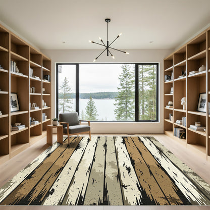 Rustic Earth Tone Vertical Wood Grain Rug