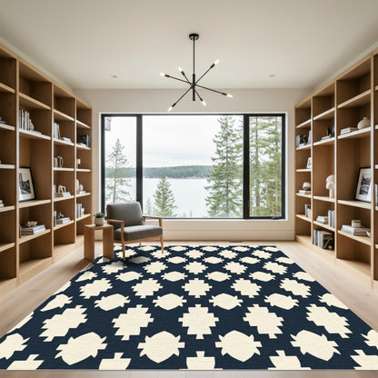 Cream on Navy Blue Geometric Shapes Rug