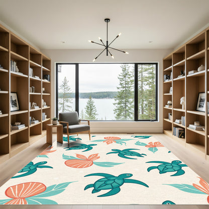 Teal Turtle Coral Flower Swirl Rug