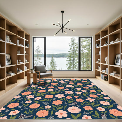 Coral Blossom Birds Navy Background Rug