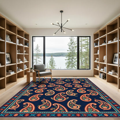 Navy Blue Paisley Floral Medallion Rug