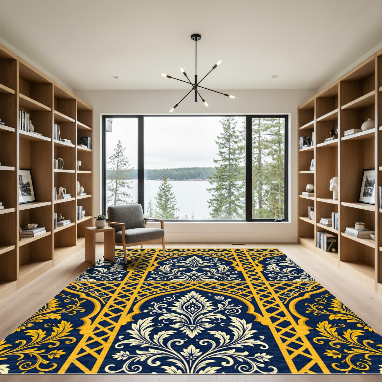 Navy Blue Lattice Royal Gold Damask Rug