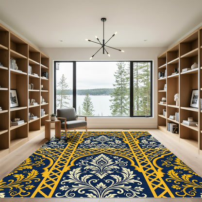 Navy Blue Lattice Royal Gold Damask Rug