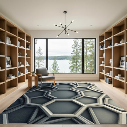 Modern Deep Gray Geometric Hexagon Rug