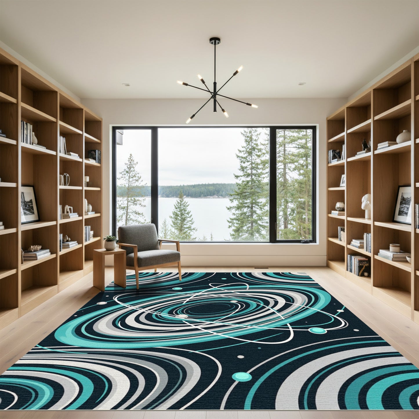 Teal White Abstract Swirls Galaxy Rug