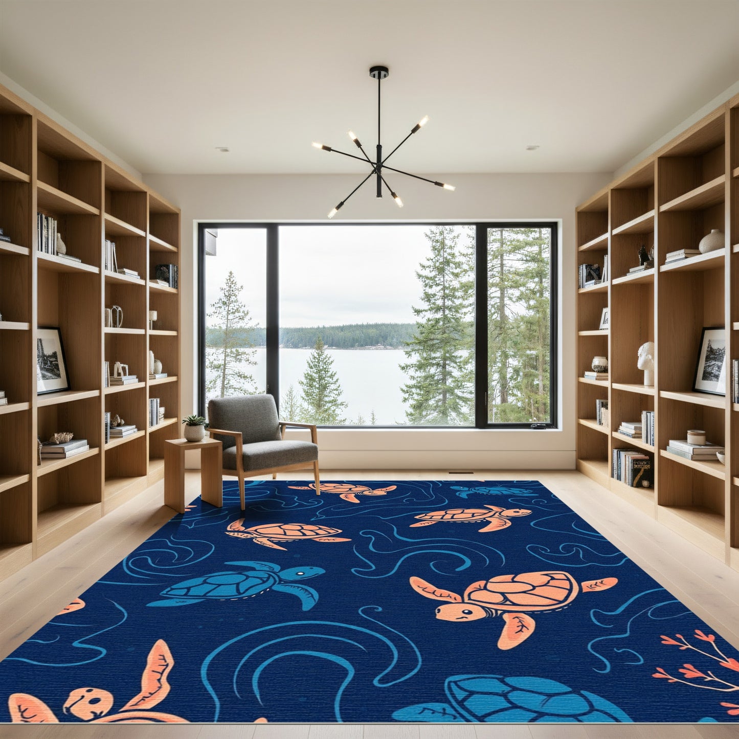 Coral Orange Blue Sea Turtle Swirls Rug