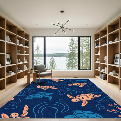 Coral Orange Blue Sea Turtle Swirls Rug