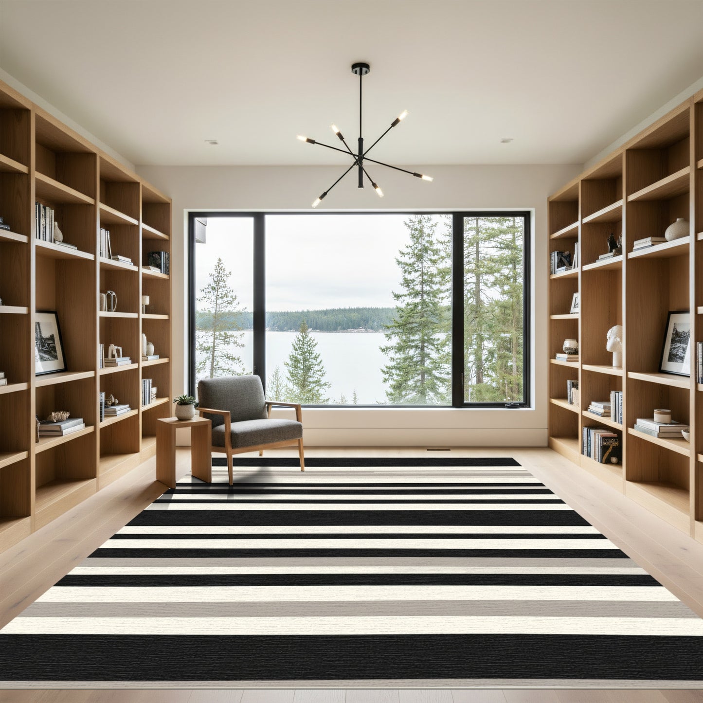 Modern Black Cream Wide Stripe Rug