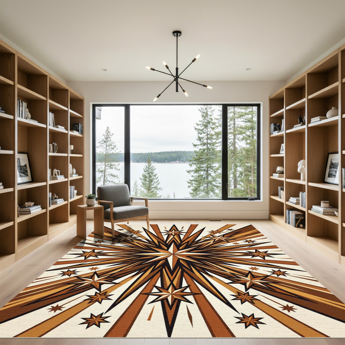 Golden Brown Starburst Ray Motif Rug