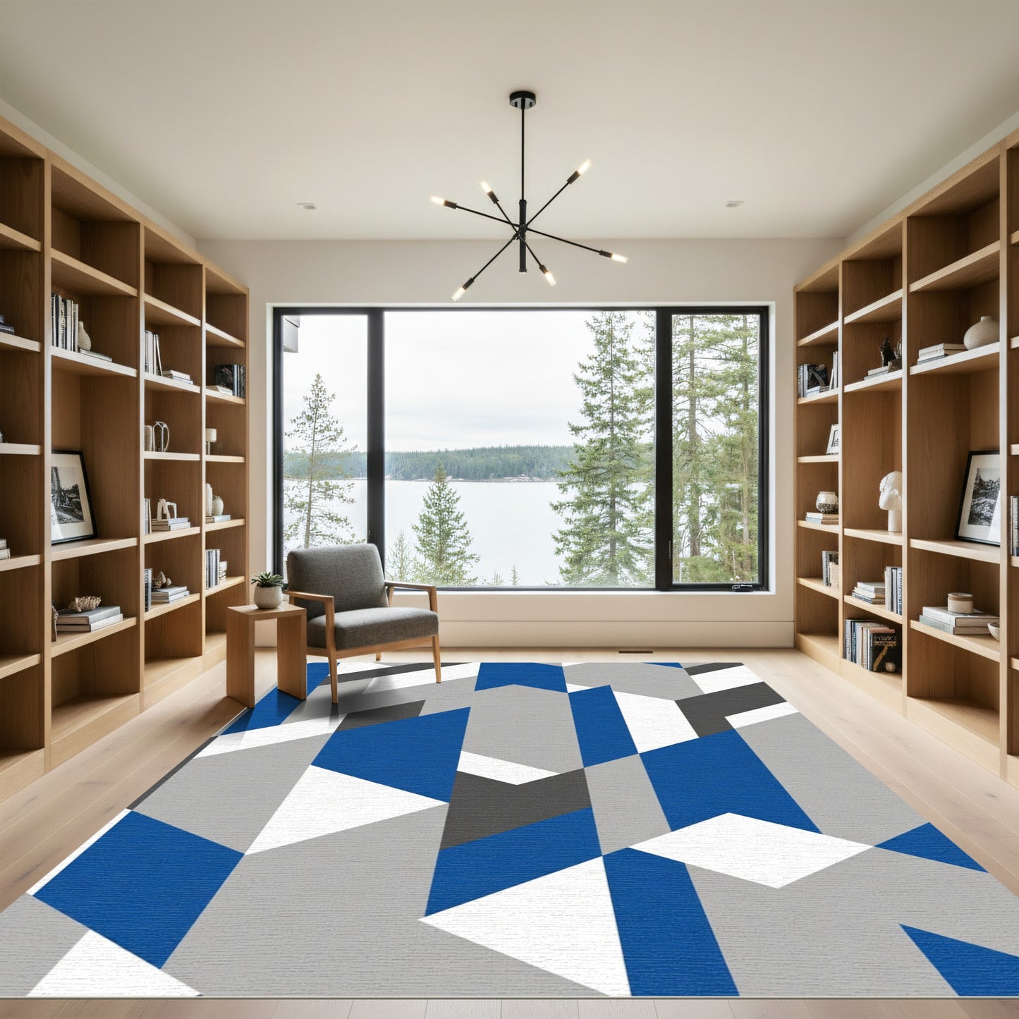 Geometric Blue Gray White Abstract Blocks Rug