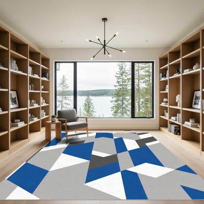 Geometric Blue Gray White Abstract Blocks Rug