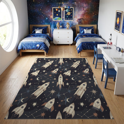 Starry Navy Rockets Crescent Moons Rug