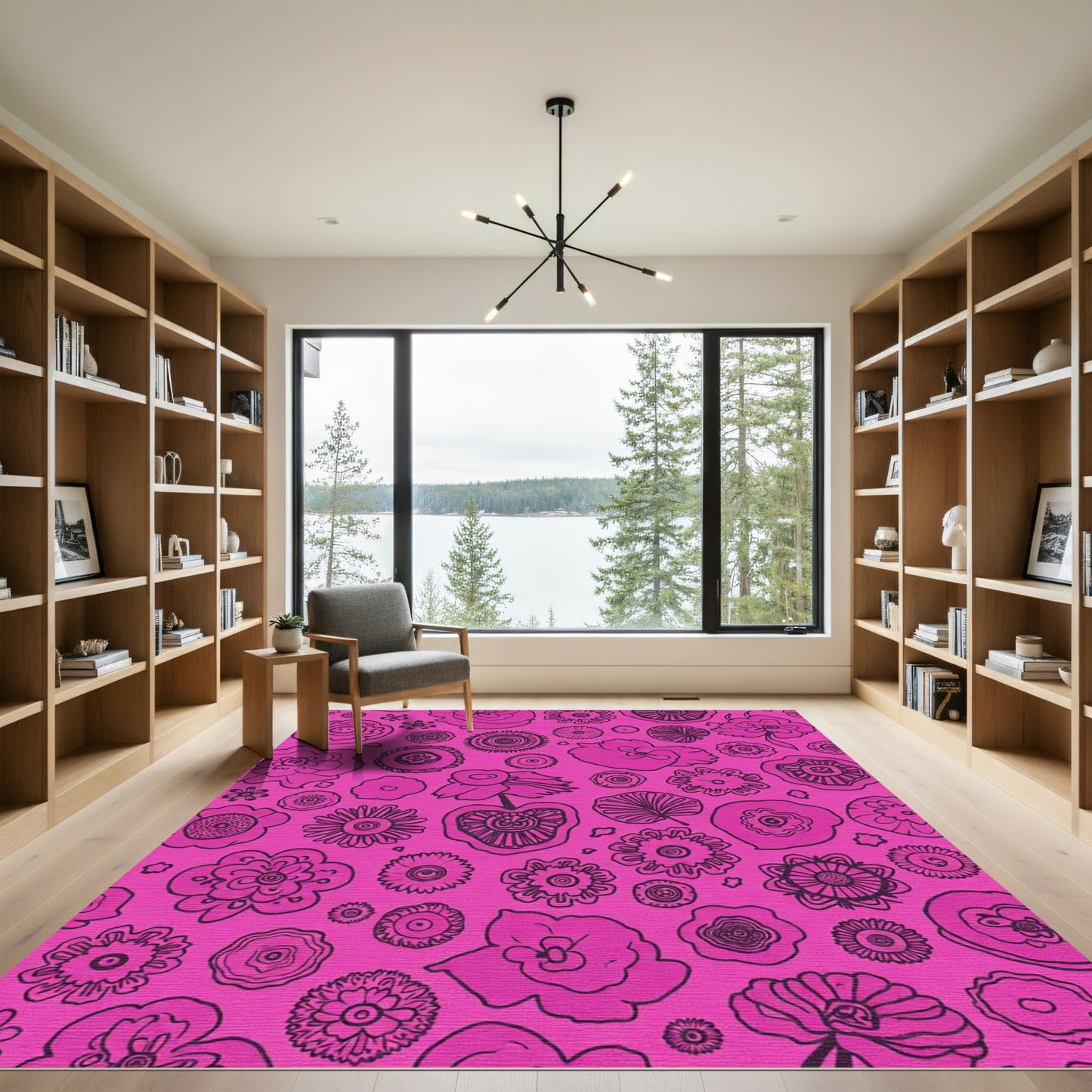 Bright Pink Botanical Outline Flower Arrangement Rug
