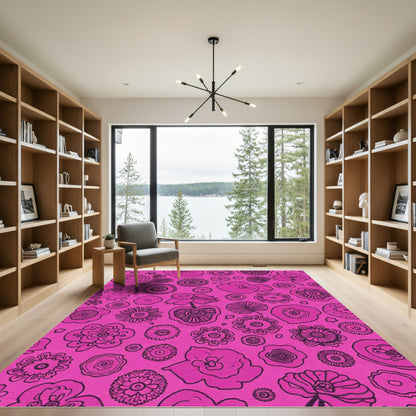 Bright Pink Botanical Outline Flower Arrangement Rug