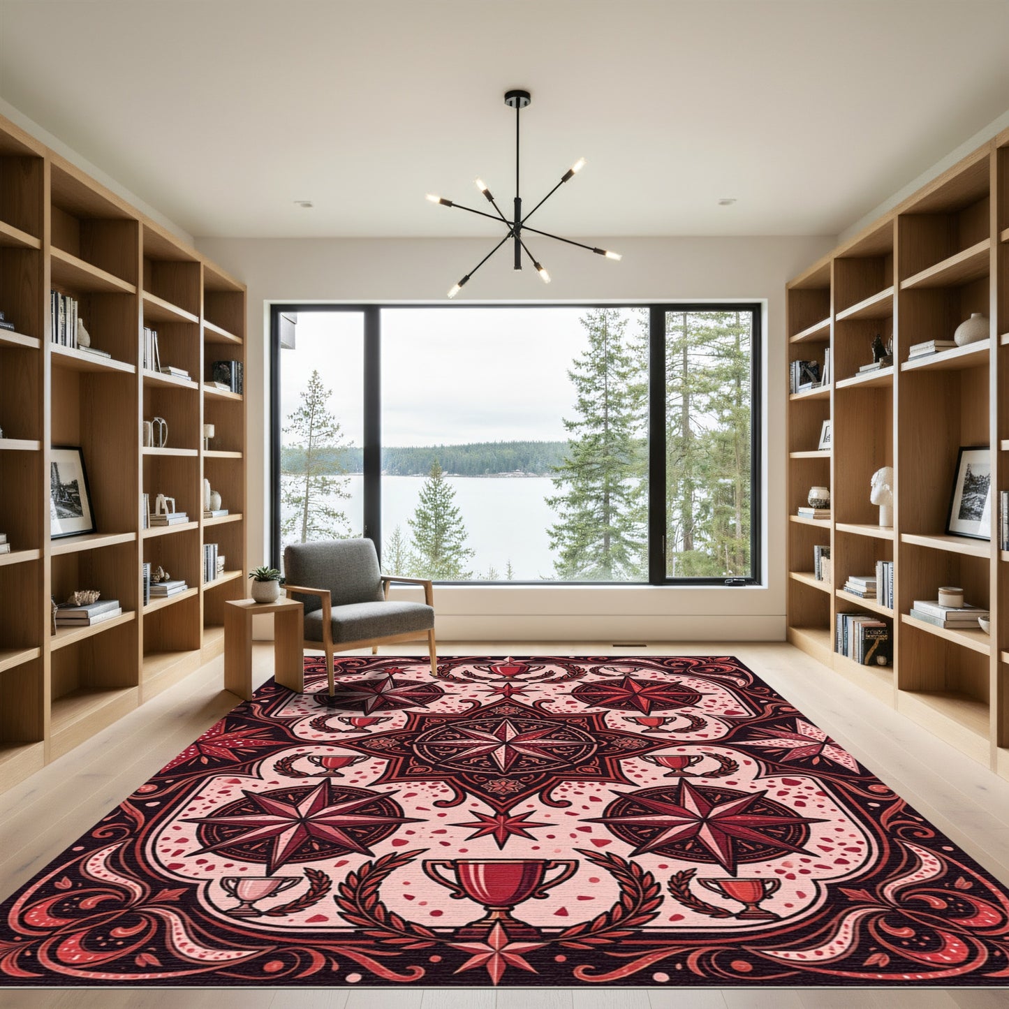 Crimson Nautical Compass Trophy Medallion Rug