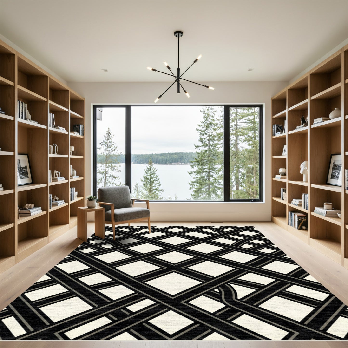 Monochrome Geometric Grid Interlocking Lines Rug