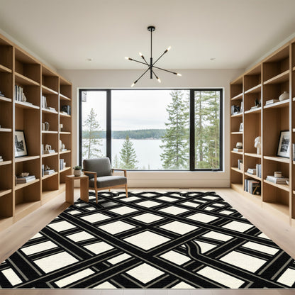 Monochrome Geometric Grid Interlocking Lines Rug