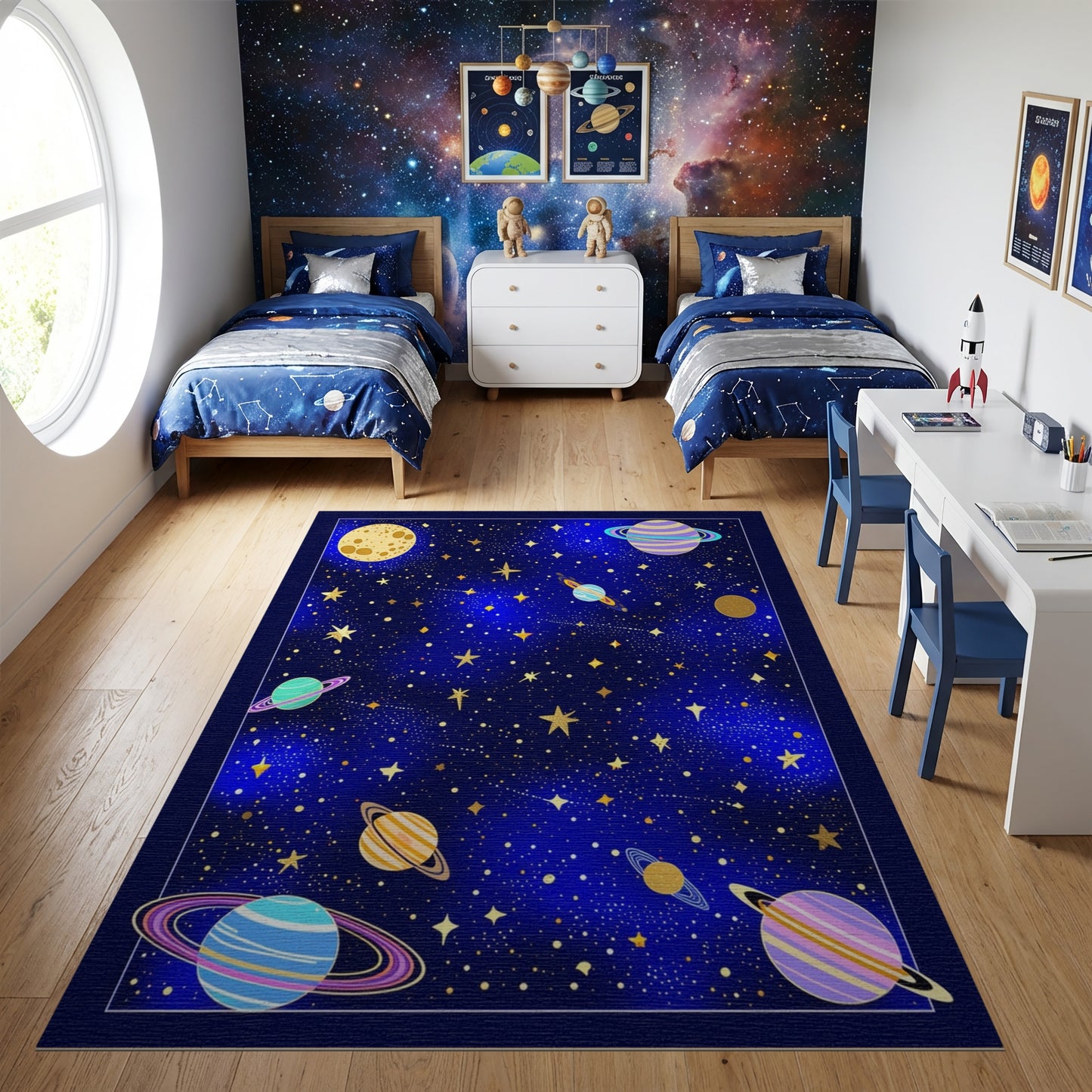 Whimsical Colorful Cosmic Planets Stars Rug