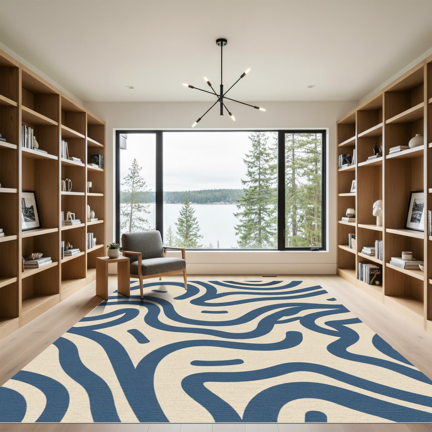 Deep Blue Wavy Lines Beige Background Rug