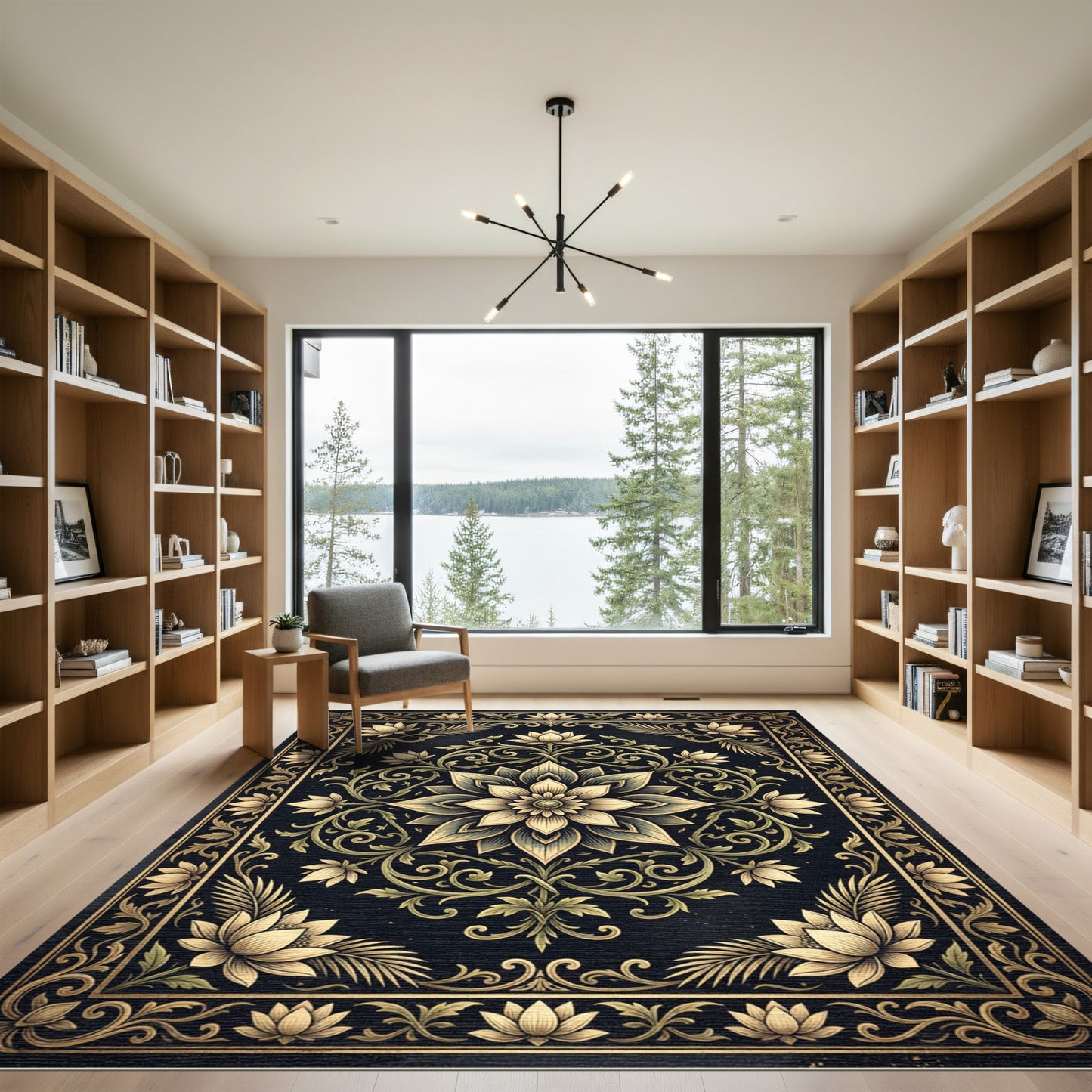 Elegant Golden Lotus Medallion Art Rug
