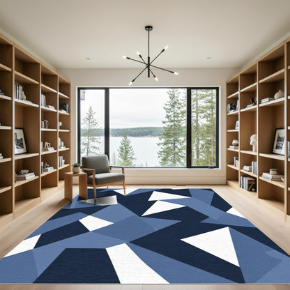Abstract Blue White Geometric Triangles Rug