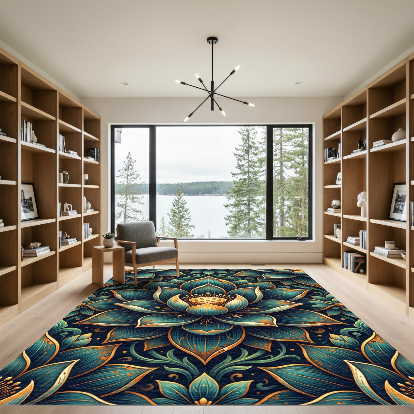 Ornate Teal Gold Lotus Floral Mandala Rug