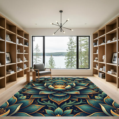 Ornate Teal Gold Lotus Floral Mandala Rug