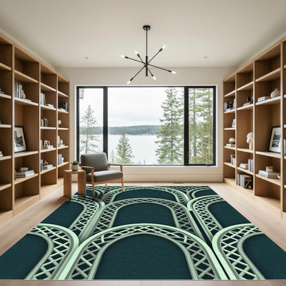 Elegant Teal Arch Lattice Geometric Rug