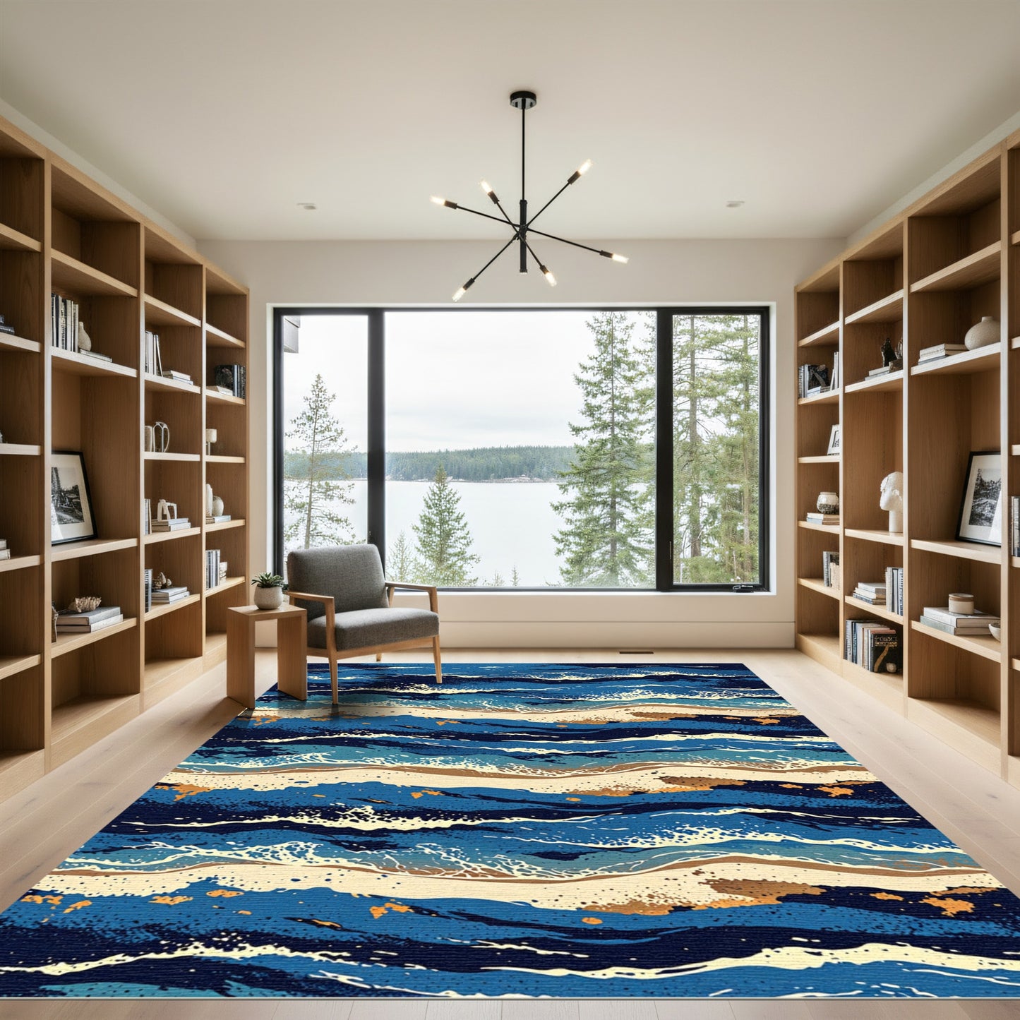 Deep Blue Oceanic Wave Landscape Rug