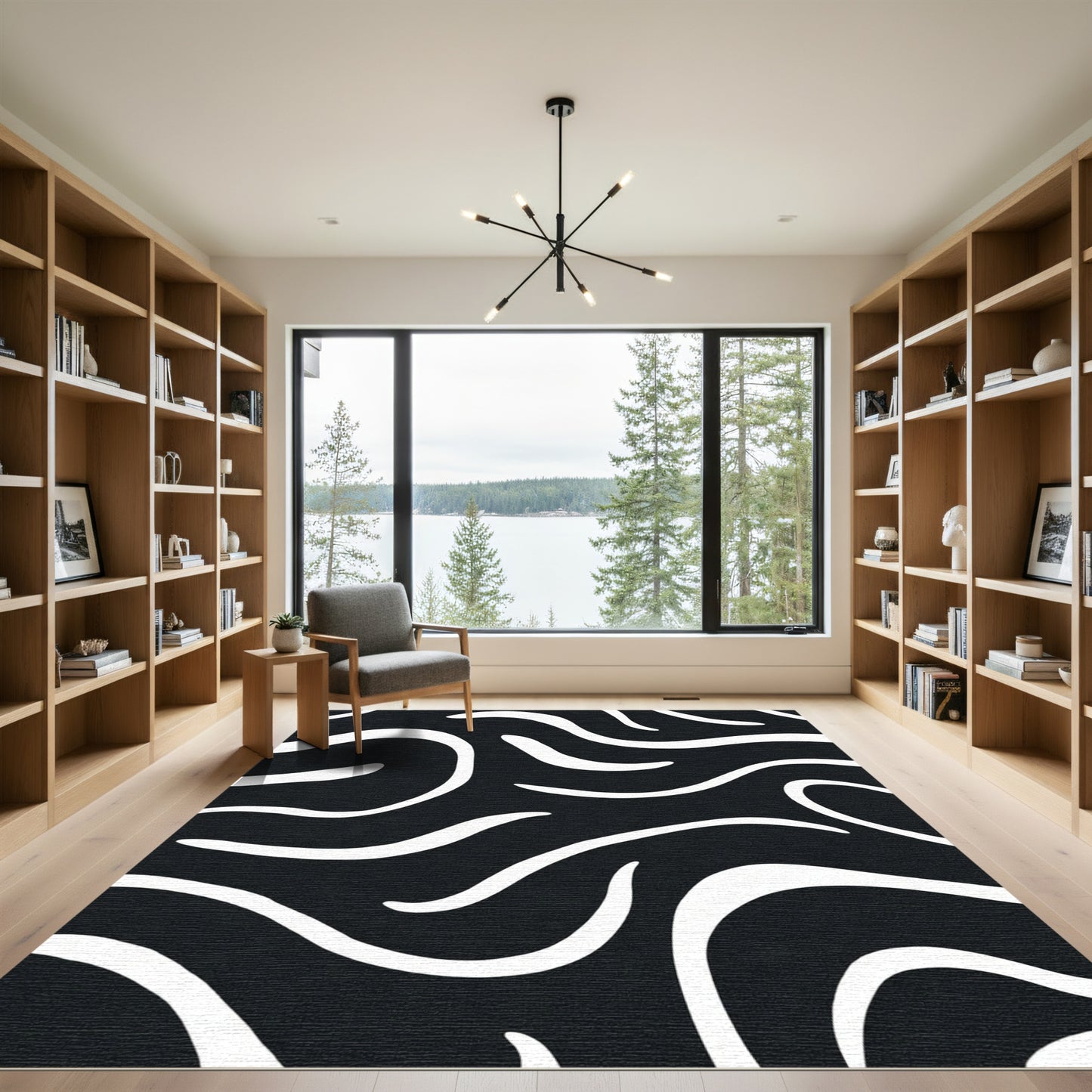 Chic Black White Abstract Swirls Rug