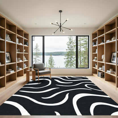 Chic Black White Abstract Swirls Rug