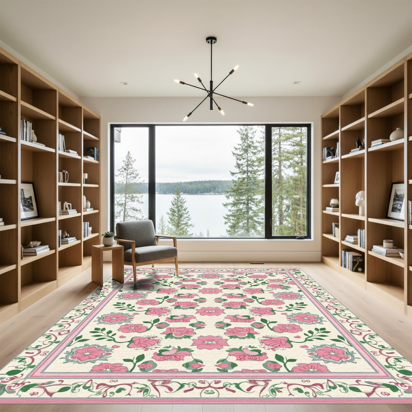 Pink Blossoms and Vine Borders Rug