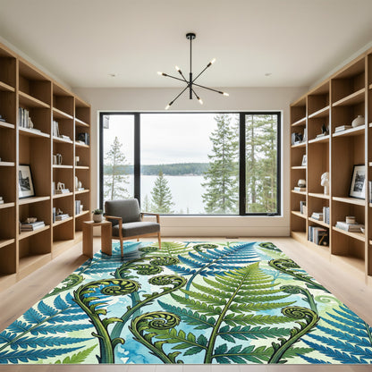 Lush Blue and Green Fern Fronds Rug