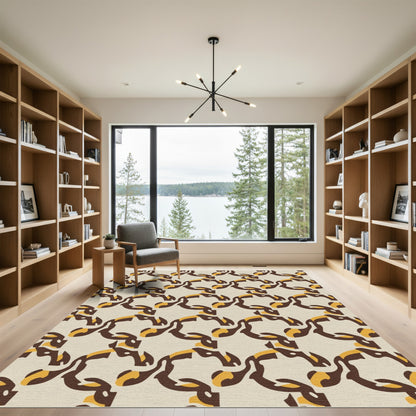 Brown Ochre Interlocking Abstract Shapes Rug