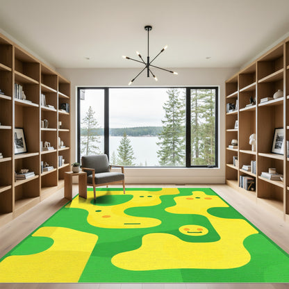 Whimsical Yellow Faces Green Abstract Rug