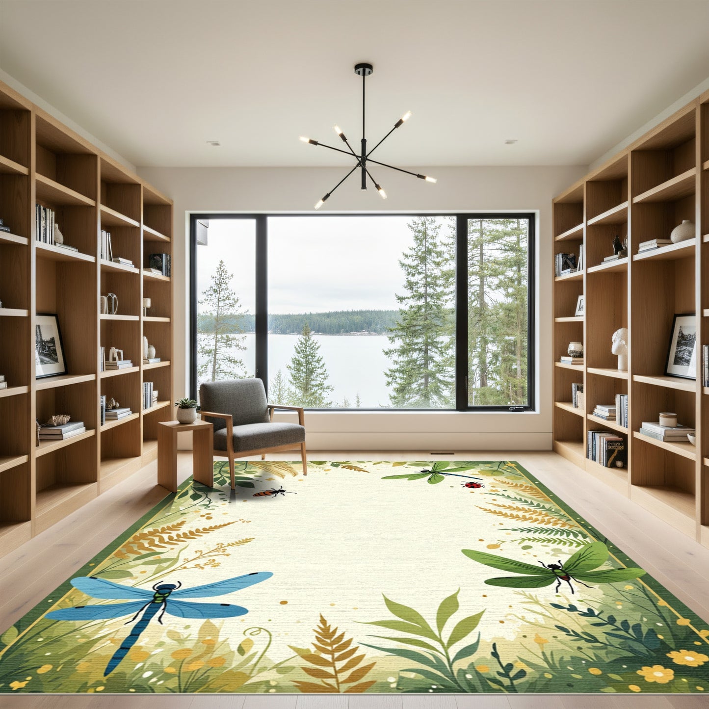 Whimsical Green Dragonfly and Ladybug Garden Rug