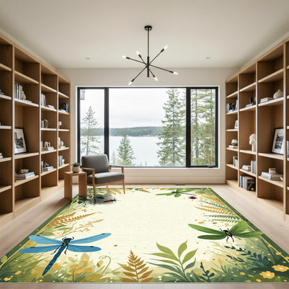 Whimsical Green Dragonfly and Ladybug Garden Rug