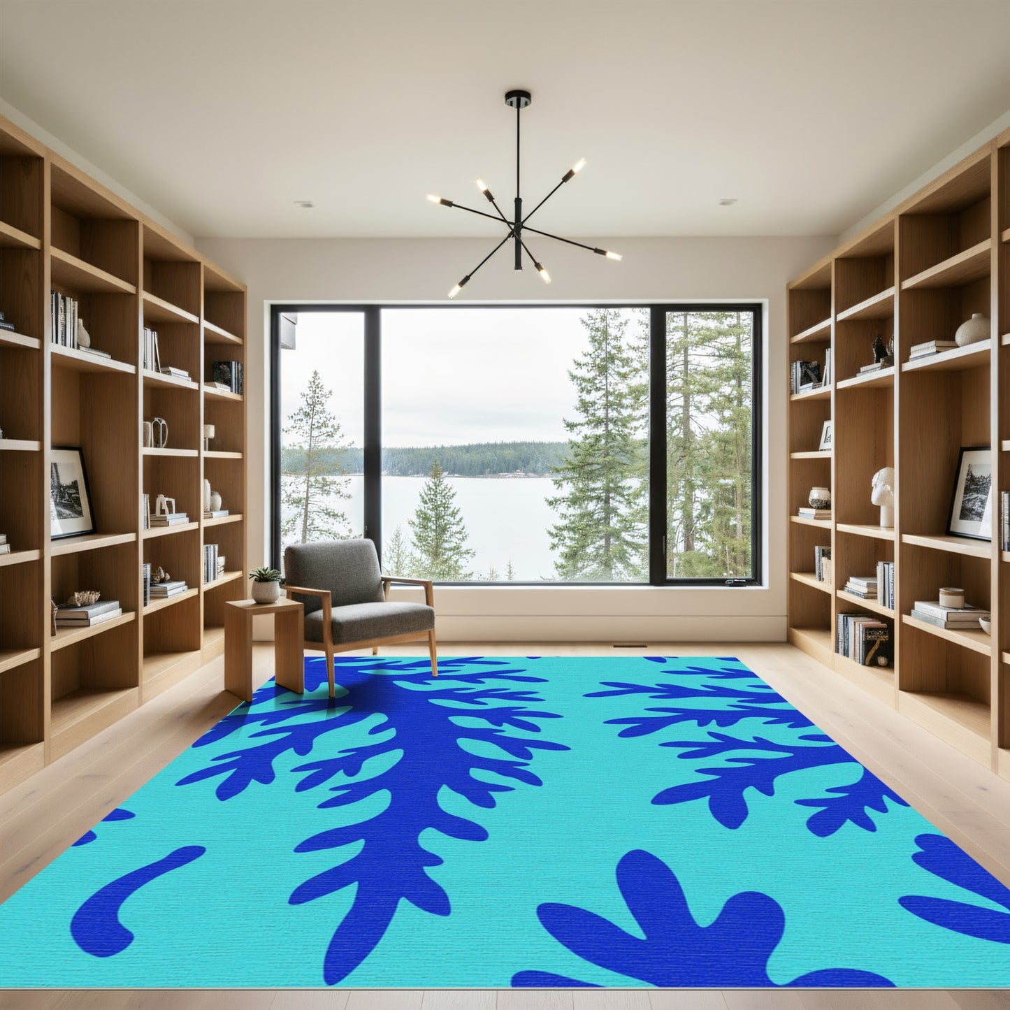 Deep Blue Fern Coral Pattern Rug