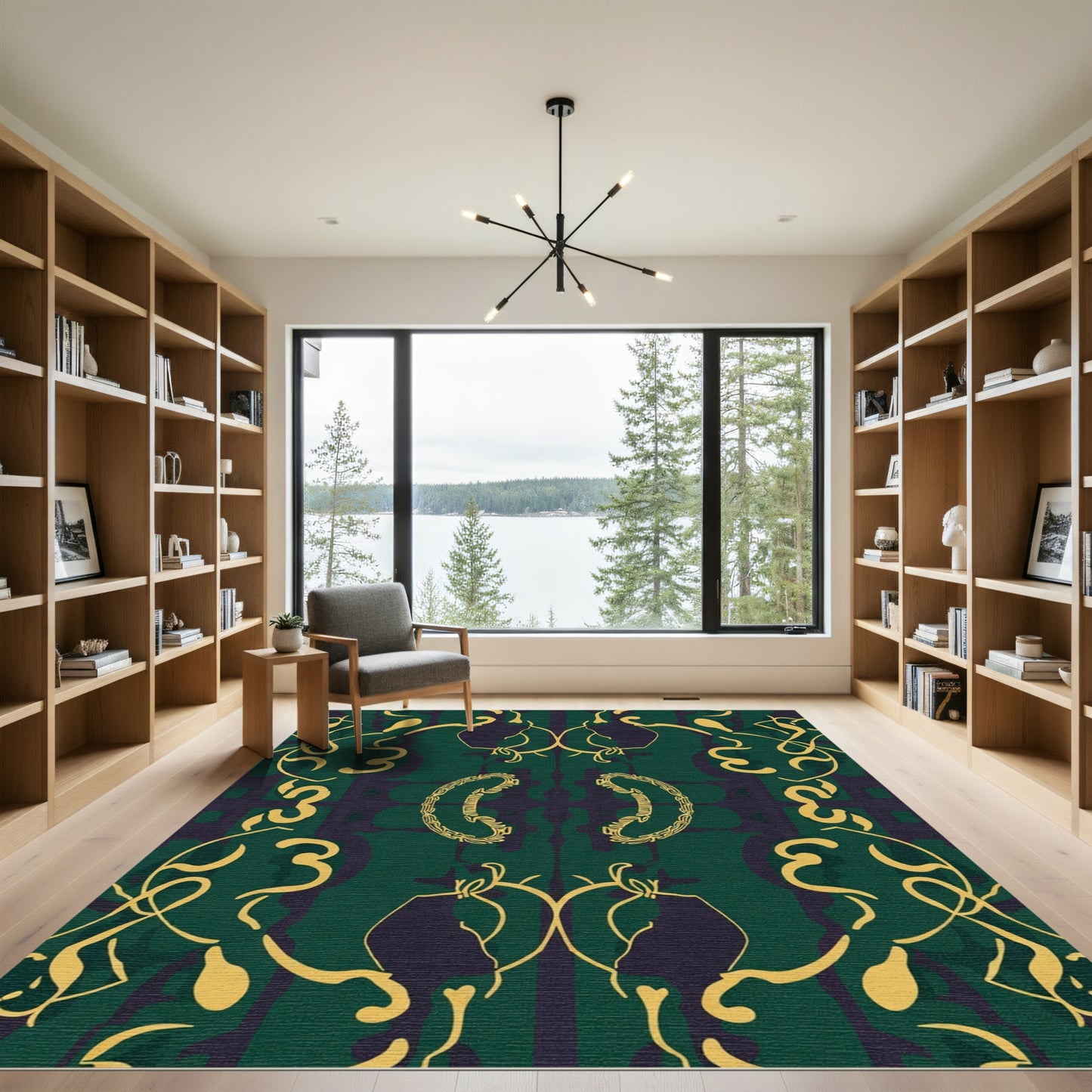 Emerald Gold Abstract Scroll Composition Rug