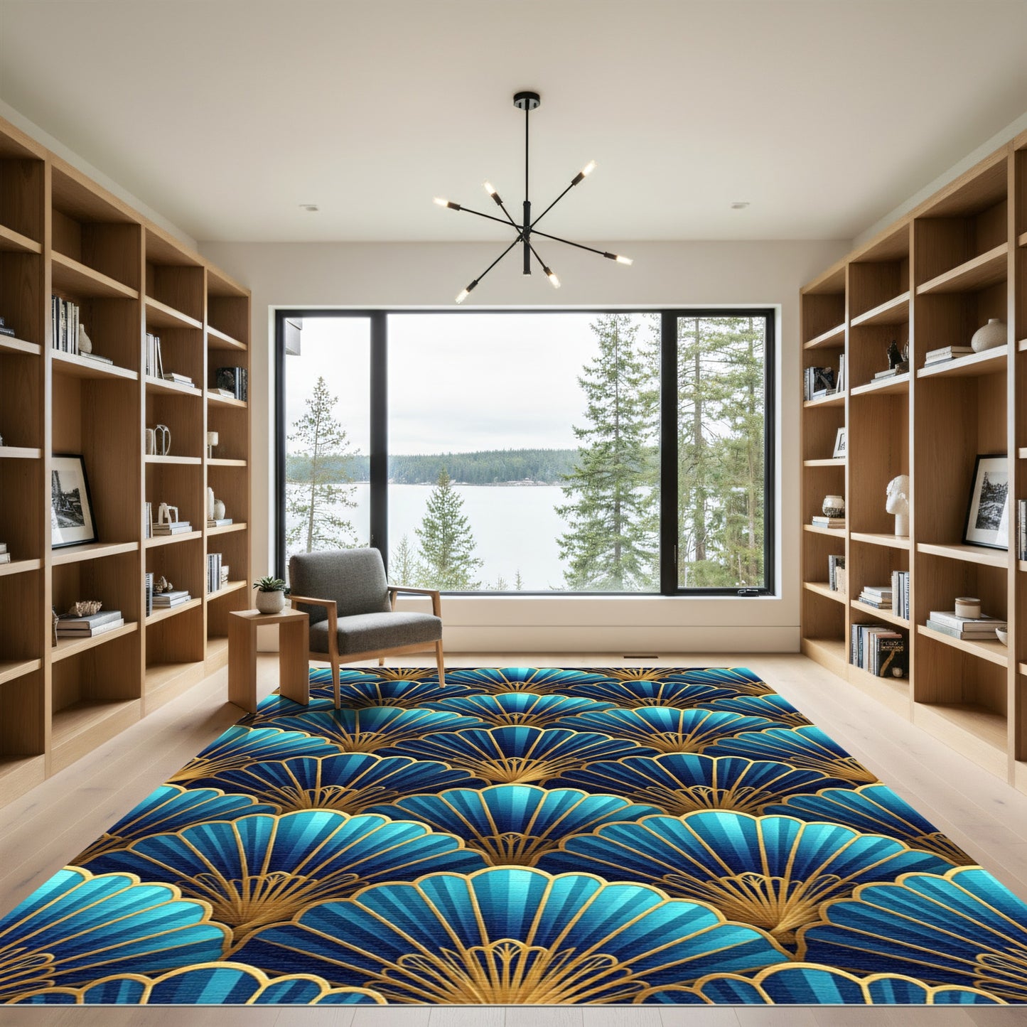 Art Deco Blue Golden Fan Rug