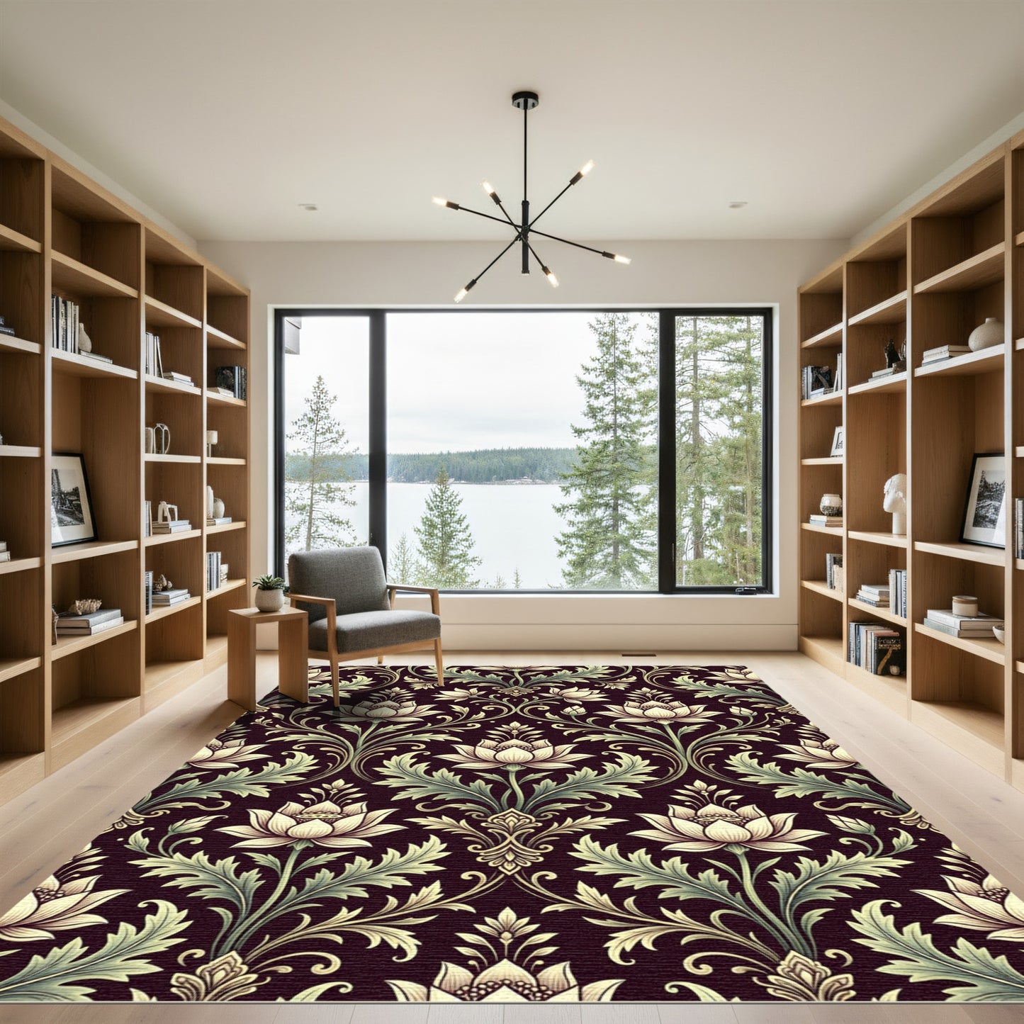 Dark Burgundy Cream Lotus Floral Swirls Rug