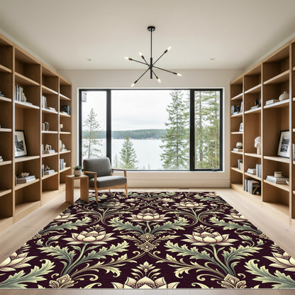 Dark Burgundy Cream Lotus Floral Swirls Rug