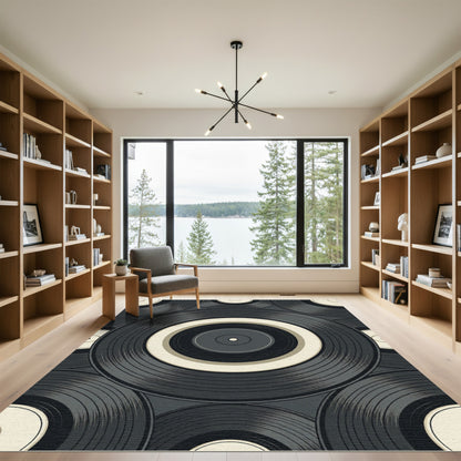 Retro Monochrome Vinyl Record Circular Art Rug
