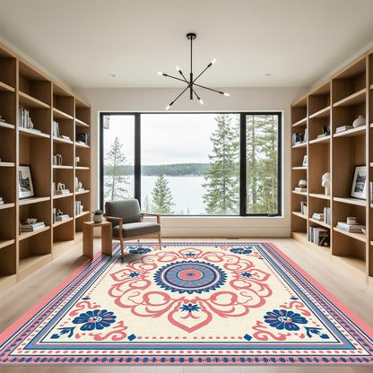 Coral Blue Floral Medallion Art Rug