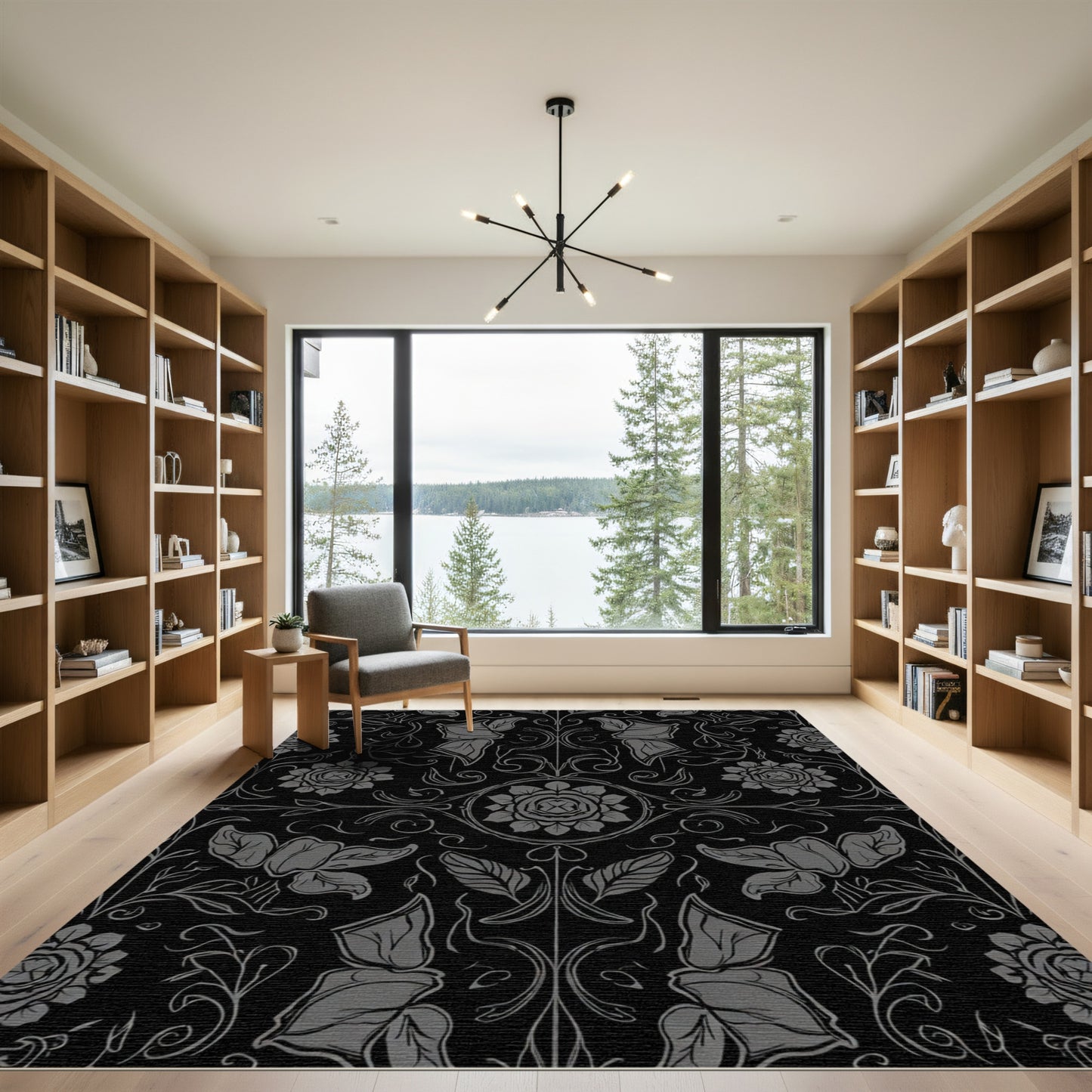 Dark Charcoal Floral Art Nouveau Rug